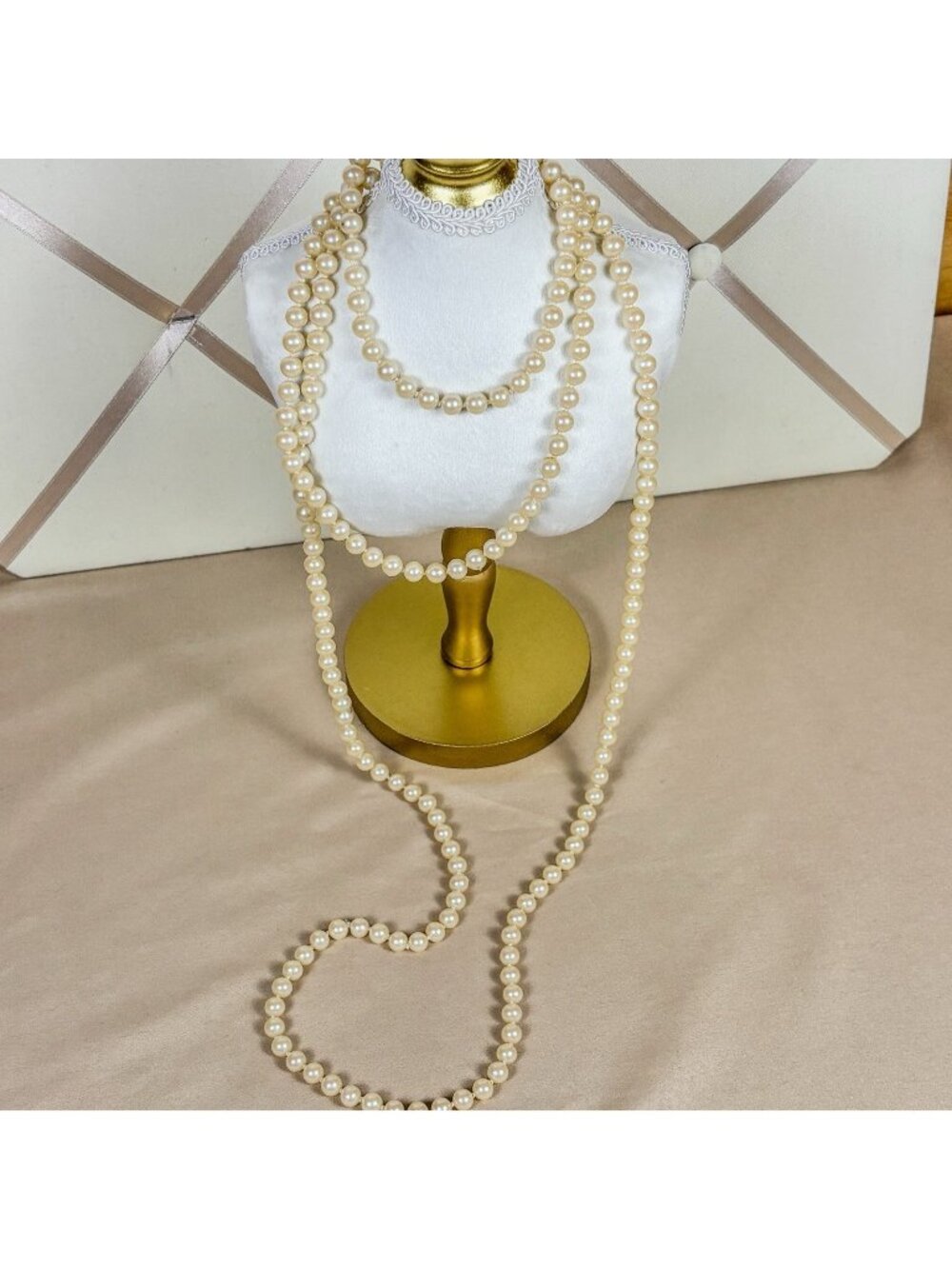 Vintage Long Glass Pearl Necklace 70” Cream Ivory Flapper Style Jewelry C90